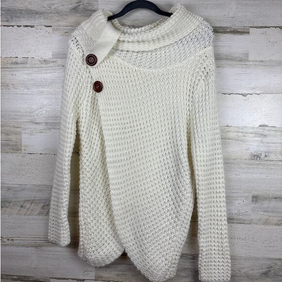 Zenana Premium womens medium white knit long sleeve sweater button scoop neck - Picture 1 of 7